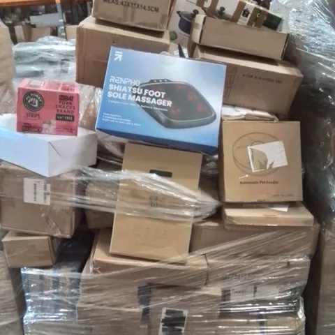 PALLET CONTAINING VARIOUS ASSORTED BOXED ITEMS TO INCLUDE. FOOT SOLE MASSAGER, MULTI TOOL KIT, AUTOMATIC PET FEEDER, COOKWARE SET AND LOTS MORE UNMARKED BOXED ITEMS
