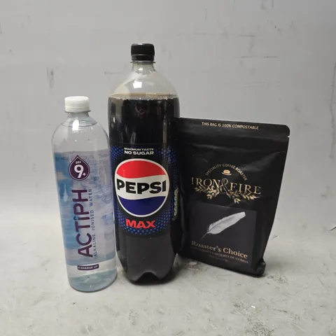 APPROXIMATELY 4 ASSORTED FOOD & DRINK ITEMS TO INCLUDE - PEPSI MAX , ACTIPH PH9+ , IRON & FIRE ROASTER'S CHOICE 