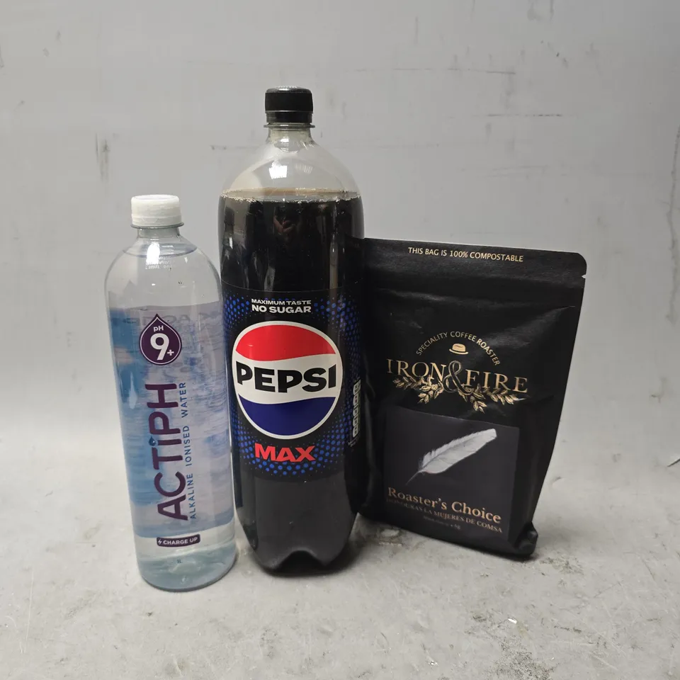 APPROXIMATELY 4 ASSORTED FOOD & DRINK ITEMS TO INCLUDE - PEPSI MAX , ACTIPH PH9+ , IRON & FIRE ROASTER'S CHOICE 