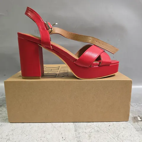 BOXED PAIR OF WHERE'S THAT FROM OPEN TOE BLOCK HEEL SANDALS IN RED SIZE UK 6