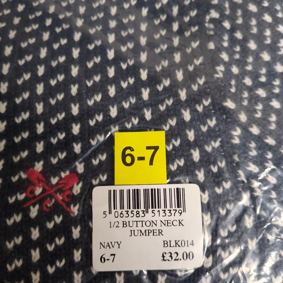 CREW CLOTHING NAVY KNIT HALF-BUTTON NECK JUMPER – KIDS, UK SIZE 6-7 (NEW WITH TAGS)