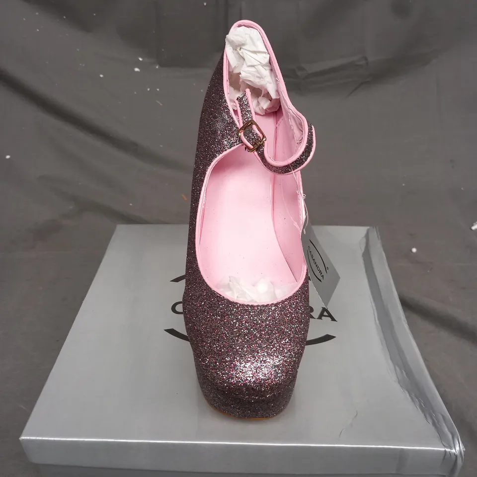 BOX OF APPROXIMATELY 14 PAIRS OF BOXED MULTI GLITTER HIGH HEEL SHOES IN VARIOUS SIZES