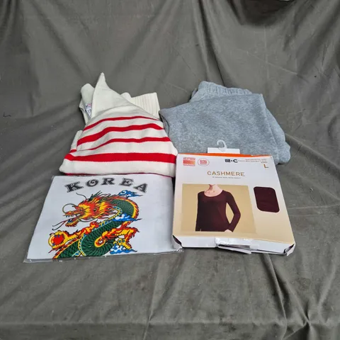 BOX OF APPROXIMATELY 18 ASSORTED CLOTHING ITEMS TO INCLUDE WHITE WITH RED STRIPES 1/4 ZIP JUMPER, GREY JOGGERS, KOREA T SHIRT, CASHMERE LONG SLEEVE T SHIRT ETC