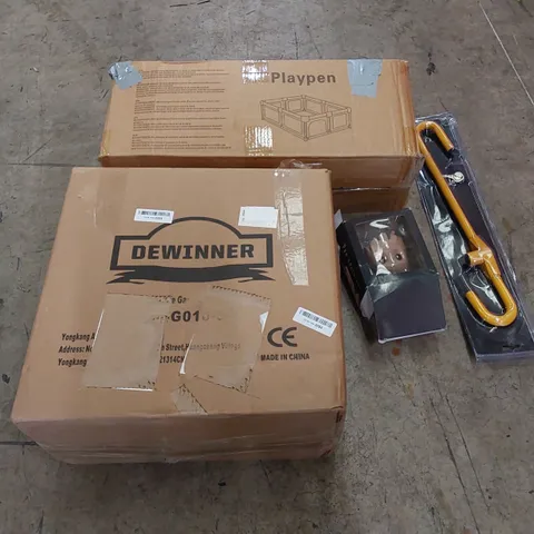 PALLET OF ASSORTED HOUSEHOLD ITEMS AND CONSUMER PRODUCTS. INCLUDING BABY PLAYPENS, STEERING WHEEL LOCKS, FLOWER POT, RETRACTABLE GARDEN HOSE REEL, BOXED FURNITURE ETC