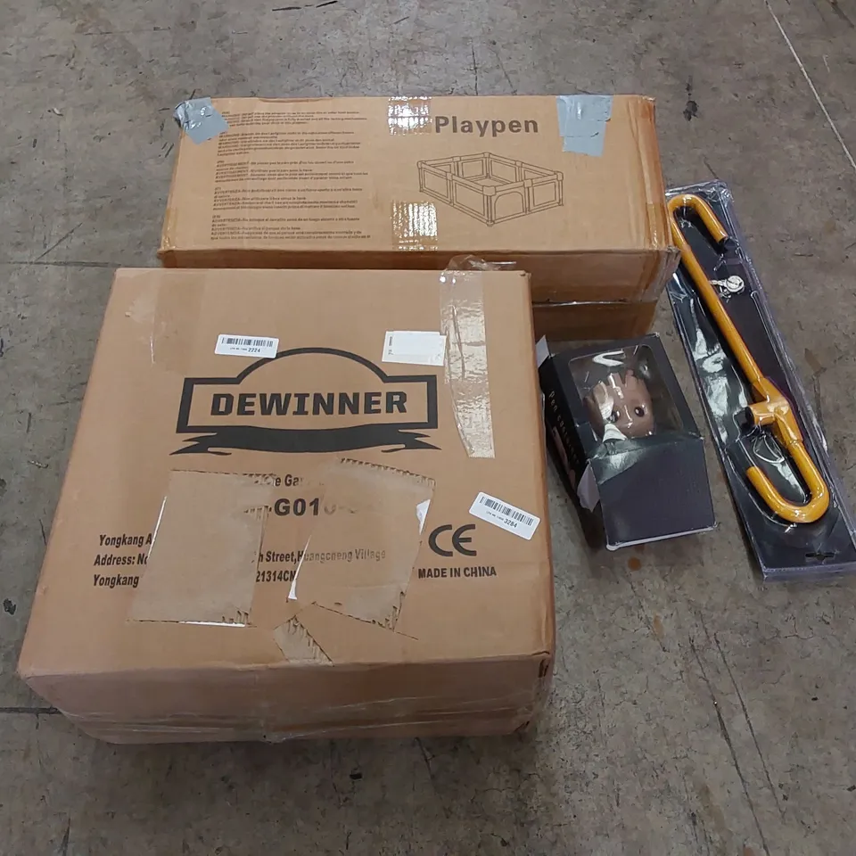 PALLET OF ASSORTED HOUSEHOLD ITEMS AND CONSUMER PRODUCTS. INCLUDING BABY PLAYPENS, STEERING WHEEL LOCKS, FLOWER POT,  RETRACTABLE GARDEN HOSE REEL, BOXED FURNITURE ETC 