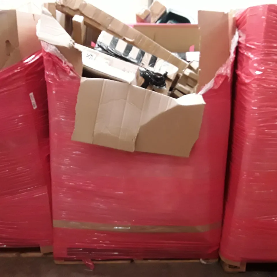 PALLET TO CONTAIN AN ASSORTMENT OF HOUSEHOLD ITEMS TO INCLUDE FOLDING CHAIR, DRAWS,  BABY GATES AND 27 INCH MONITOR ECT