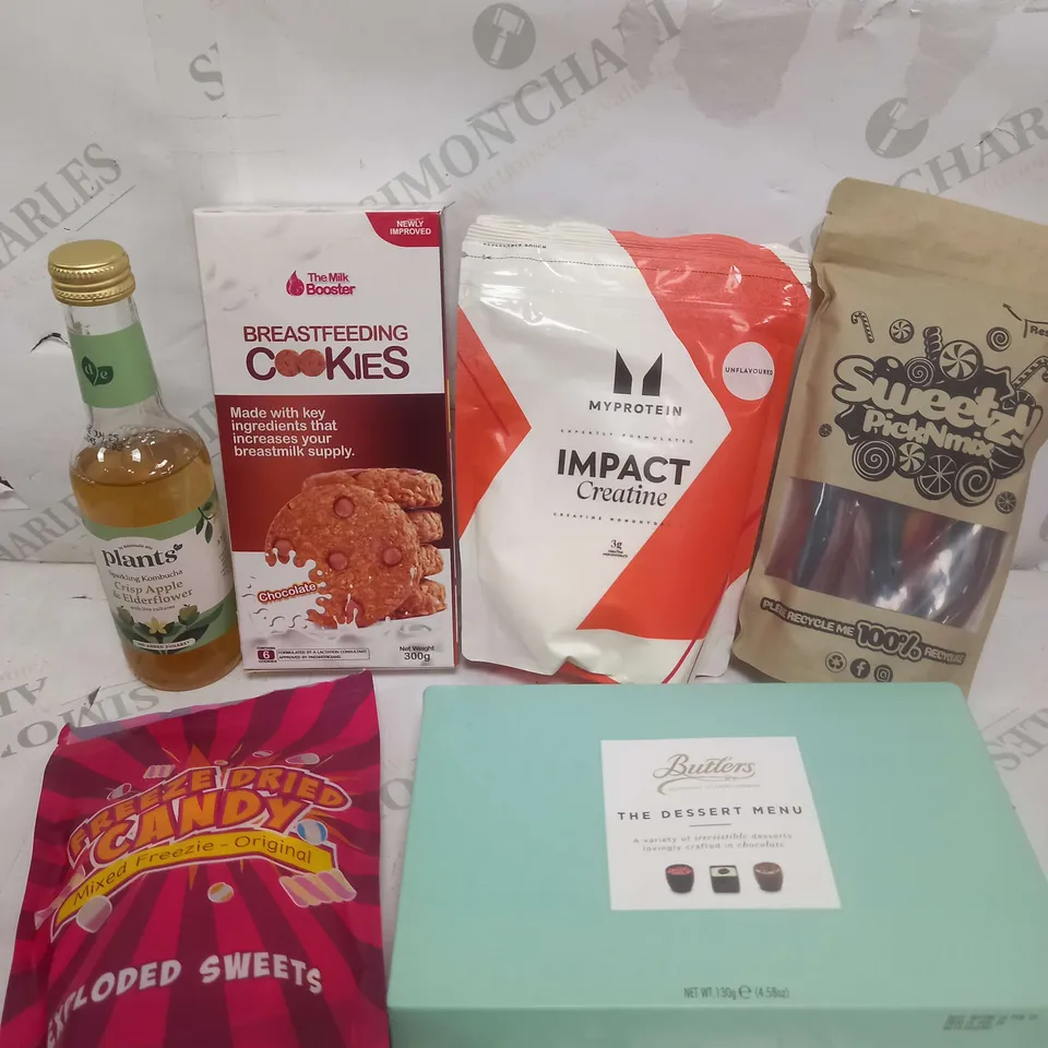 BOX OF APPROXIMATELY 10 ASSORTED COSMETIC ITEMS TO INCLUDE - BREASTFEEDING COOKIES, FREEZE DRIED CANDY, KOMBUCHA ETC