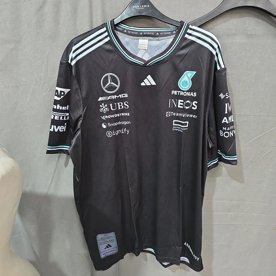ADIDAS MERCEDES-AMG PETRONAS F1 TEAM JERSEY – BLACK, MEN'S L, SPONSOR LOGOS
