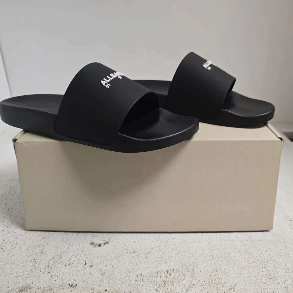 BOXED PAIR OF ALL SAINTS DATE SLIDERS IN BLACK SIZE UK 11