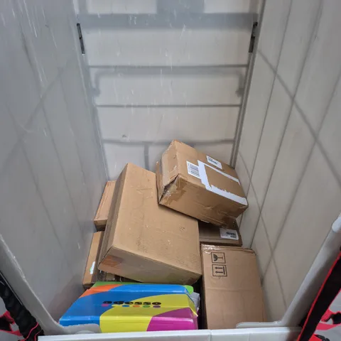 CAGE OF APPROXIMATELY 10 ASSORTED HOUSEHOLD ITEMS TO INCLUDE - SHOES , LED MIRROR , ROTATING ORNAMENT