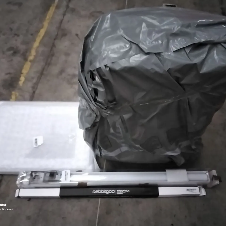 PALLET OF ASSORTED ITEMS INCLUDING SUITCASE, RABBITGOO WINDOW FILM, ROLLER BLINDS, A3 PICTURE FRAME, TIMBER RIDGE CAMPING WAGON, OFFICE CHAIR 