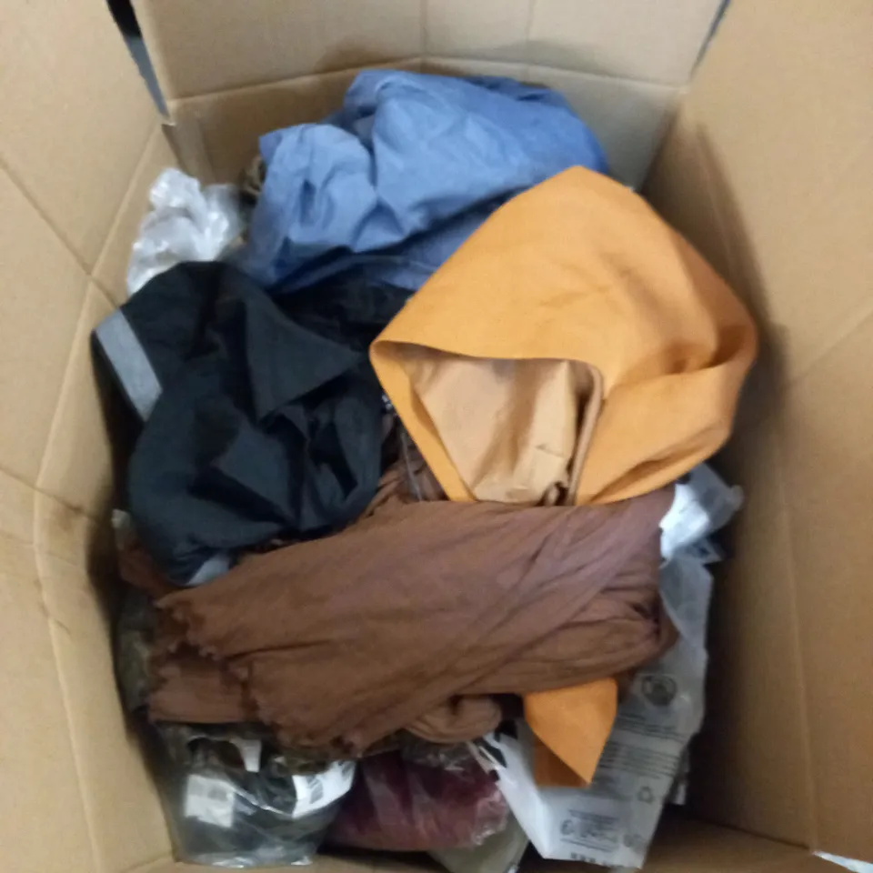 BOX OF ASSORTED CLOTHING ITEMS TOO INCLUDE JUMPERS, SHIRTS AND TROUSERS IN VARIOUS SIZES AND COLOURS   