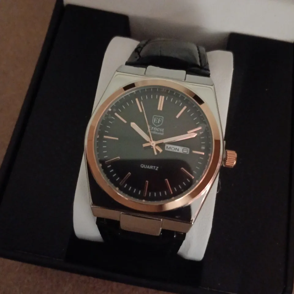 ERNEST FERDINAND STAINLESS STEEL DATE DIAL WATCH WITH BLACK DIAL & BLACK LEATHER STRAP