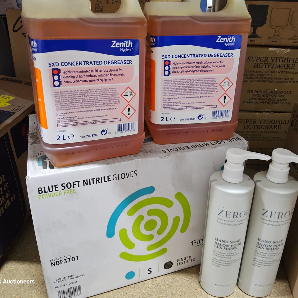 BOX 1000 BLUE SOFT NITRILE POWDER FREE GLOVES,2 × 2L 5XD CONCENTRATED DEGREASER & 12 × ZERO HAND SOAP 443ml.