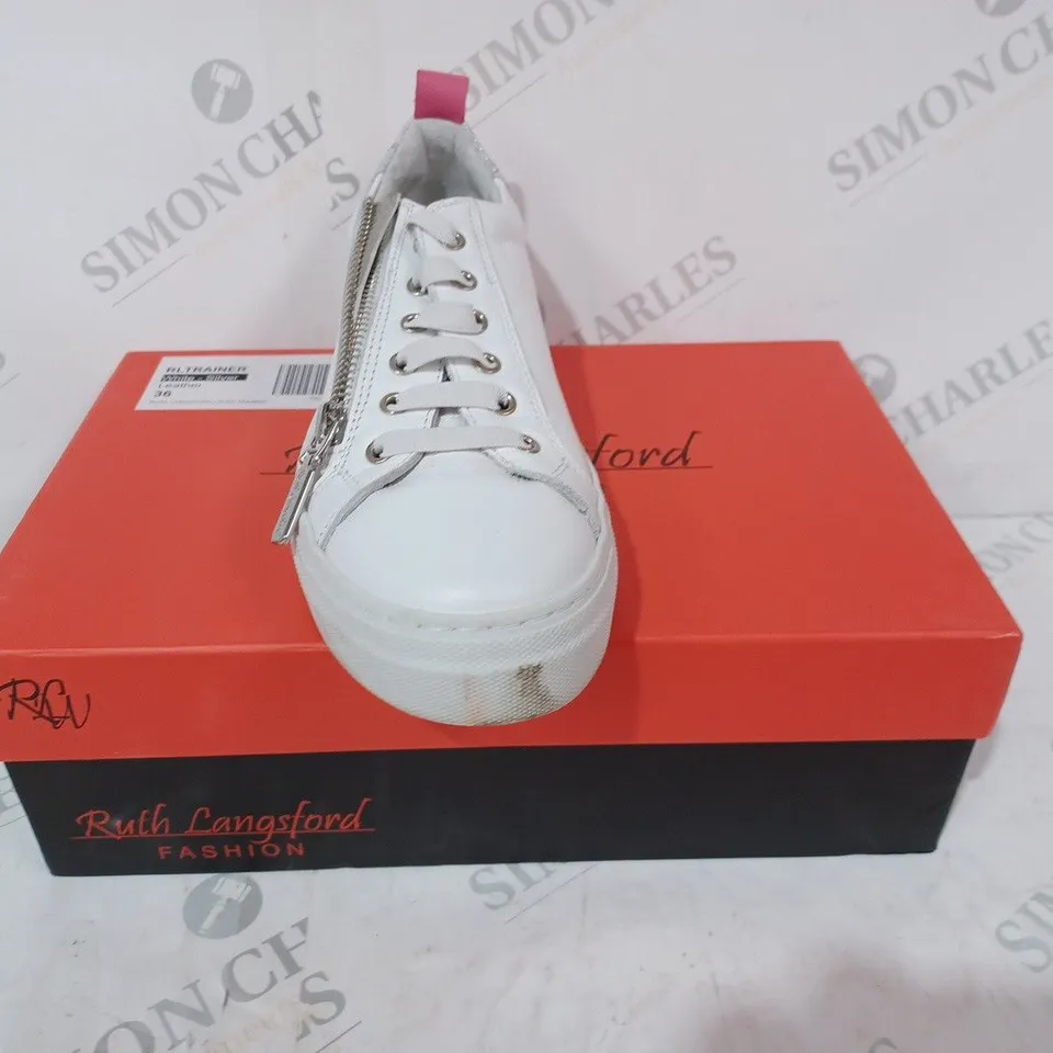 BOXED PAIR OF RUTH LANGSFORD LEATHER TRAINERS IN WHITE/SILVER SIZE 3