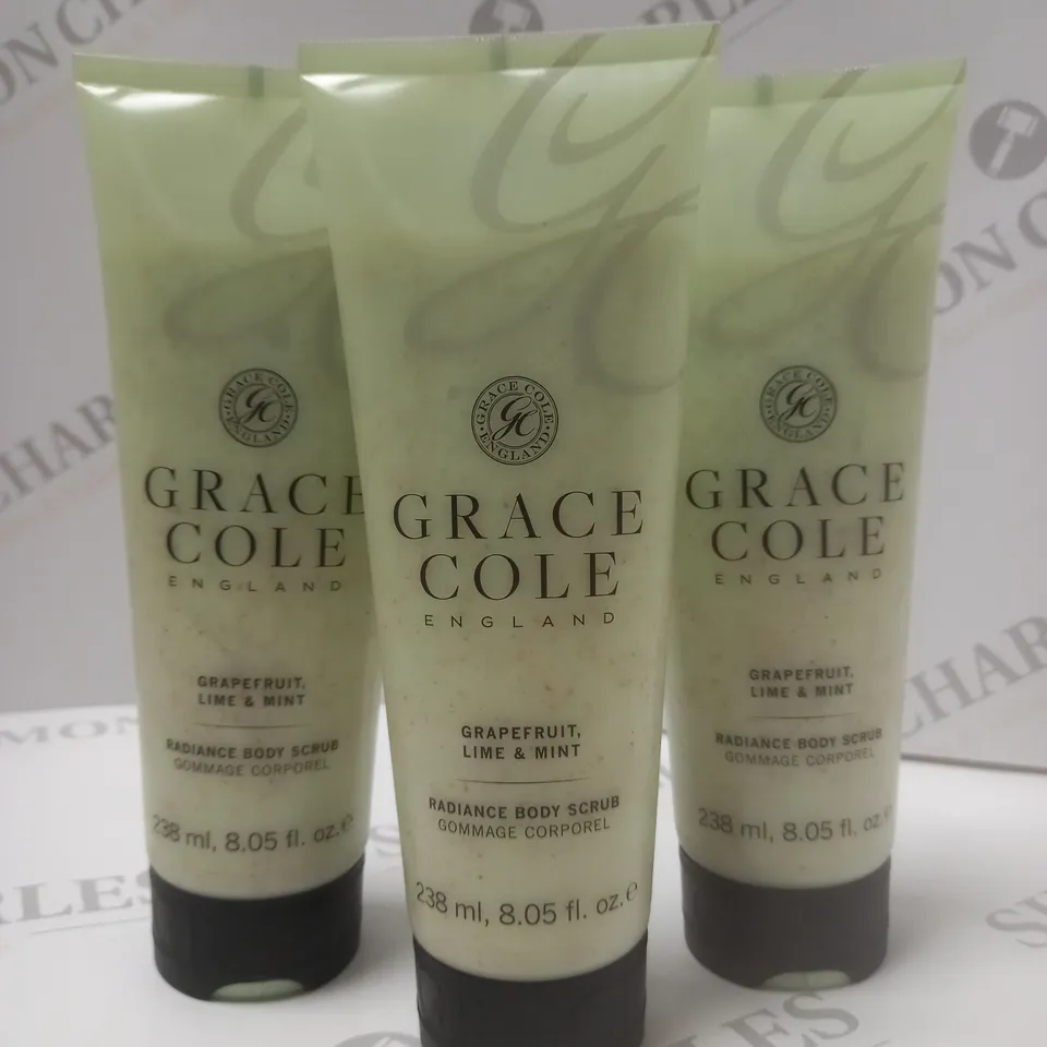 BOX OF APPROX 10 X 238ML GRACE COLE RADIANCE BODY SCRUB - GRAPEFRUIT, LIME & MINT