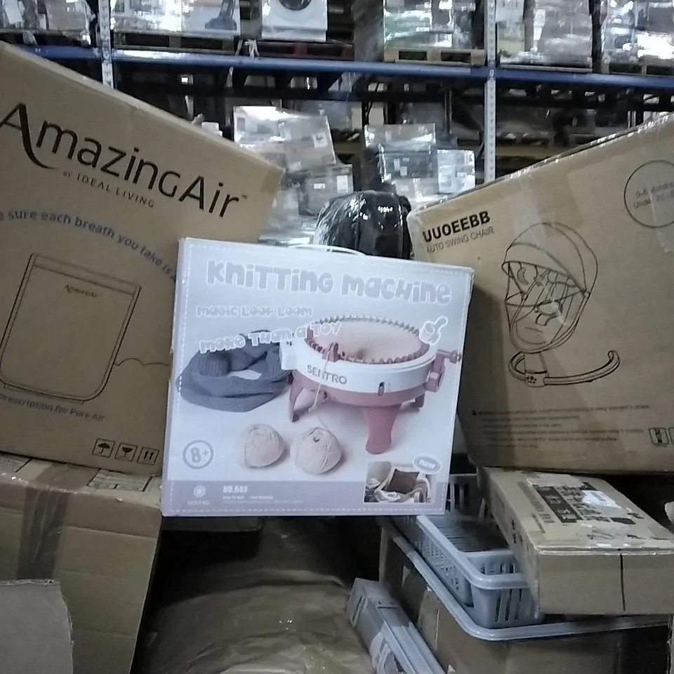 PALLET CONTAINING VARIOUS ASSORTED ITEMS TO INCLUDE: KNITTING MACHINE, AUTOMATIC BABY SWING CHAIR, AIR PURIFIER, BLINDS ETC.