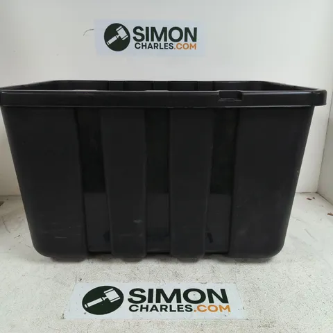 BLACK PLASTIC STORAGE BIN ON WHEELS - NO LID