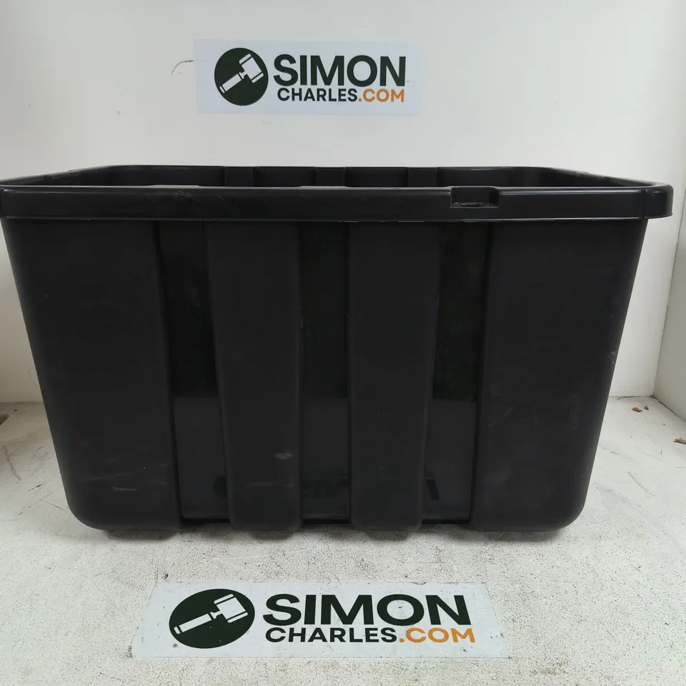 BLACK PLASTIC STORAGE BIN ON WHEELS - NO LID 