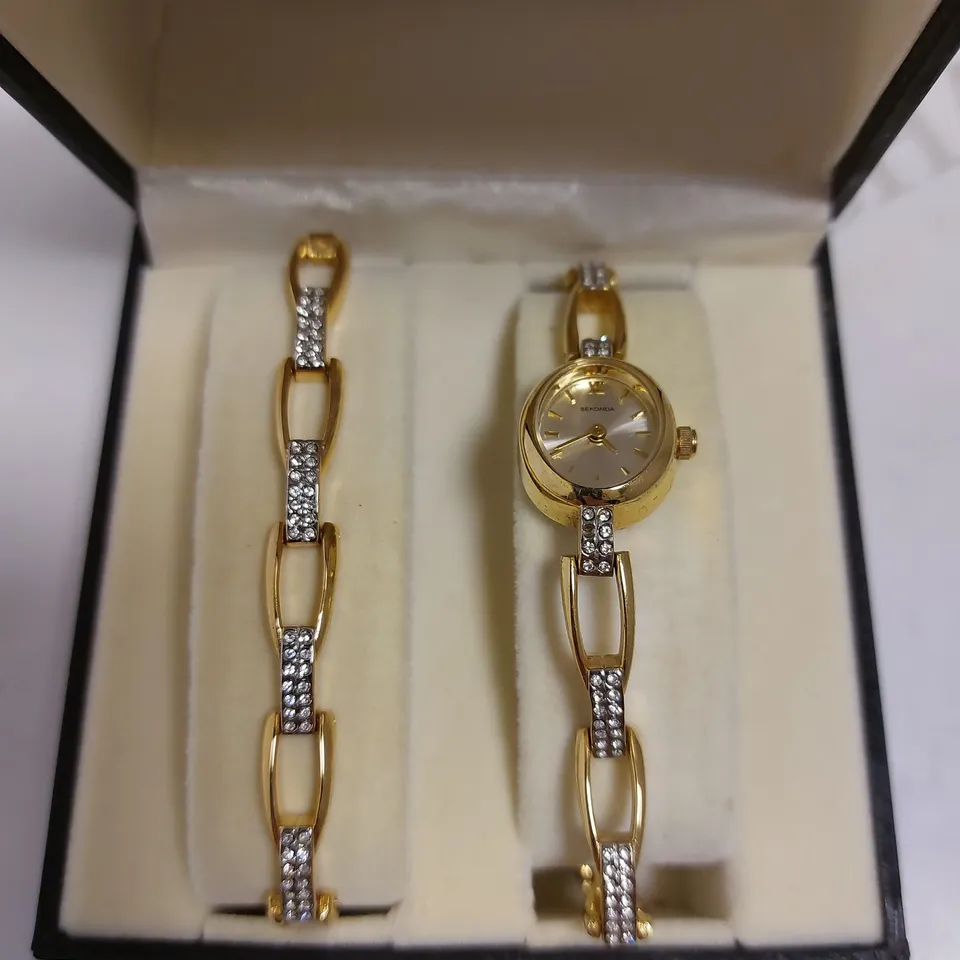 BOXED SEKONDA BRACELET AND WATCH SET - GOLD EFFECT WITH SPARKLE STONES