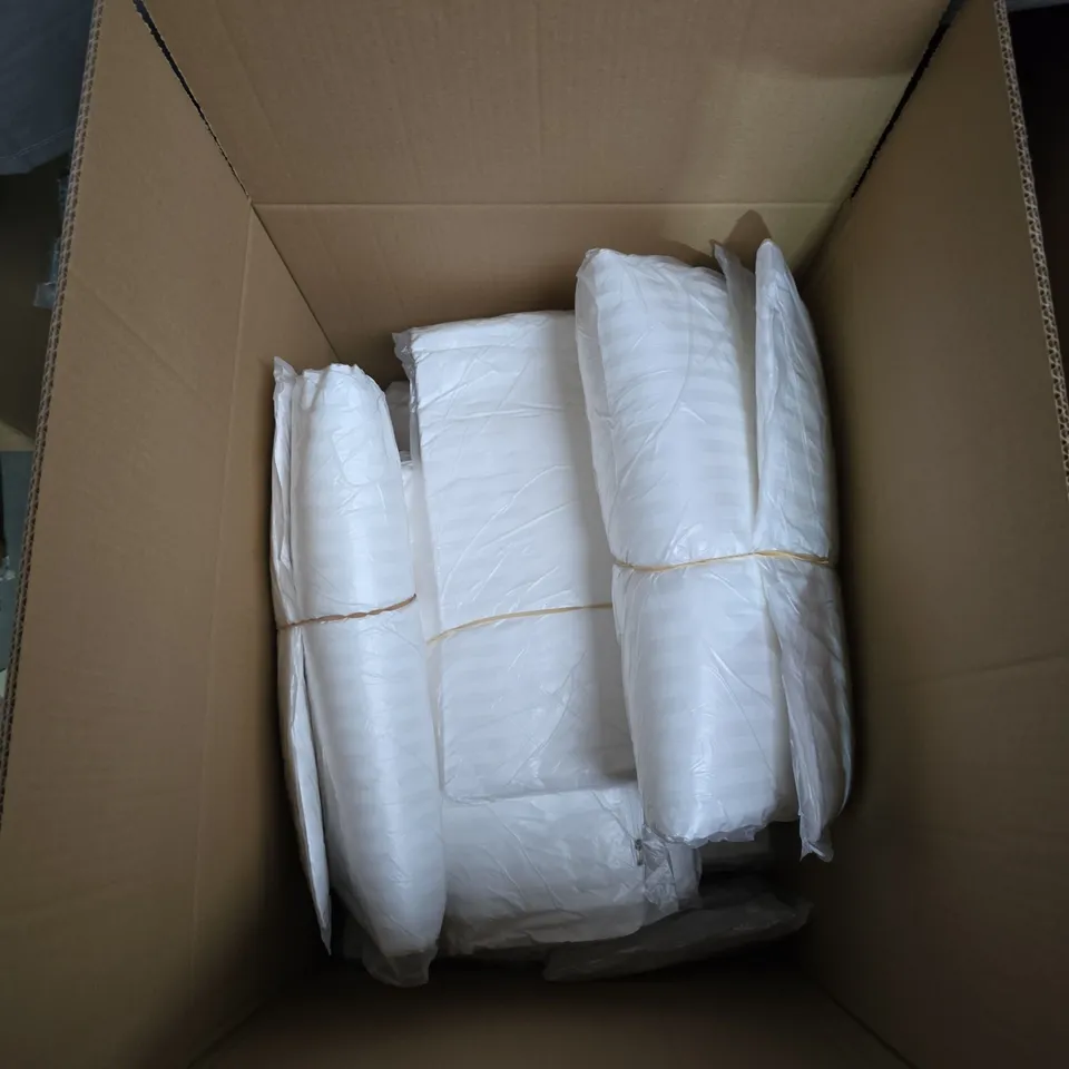 APPROXIMATELY 10 ITEMS  2 X 5 SET OF WHITE CUSHIONS IN PLASTIC PACKAGING.