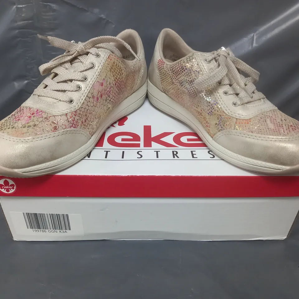 BOXED PAIR OF RIEKER TRAINERS IN GOLD SIZE 3.5