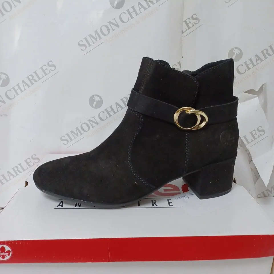 BOXED RIEKER BLOCK HEEL ANKLE BOOTS, BLACK - SIZE 6.5