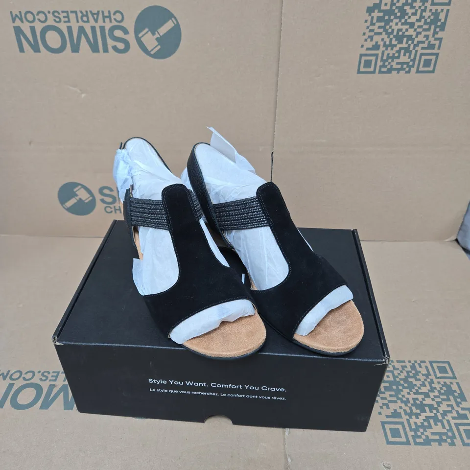 VIONIC WOMEN'S BLACK SUEDE WEDGE SANDALS – CORK HEEL UK 7 BOXED