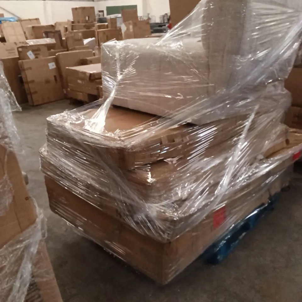 PALLET OF ASSORTED INCOMPLETE FURNITURE ITEMS - DINING TABLE, EXTENDING DINING TABLE, SUPER KING OTTOMAN