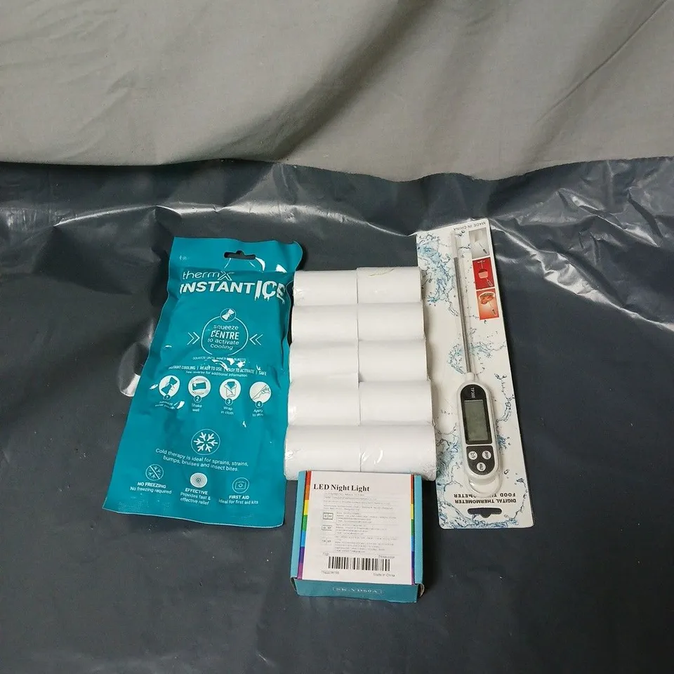 APPROXIMATELY 18 ASSORTED HOUSEHOLD ITEMS TO INCLUDE THERMOMETER, TILL RECEIPT ROLLS, LED NIGHT LIGHT, INSTANT ICE THERAPY ETC