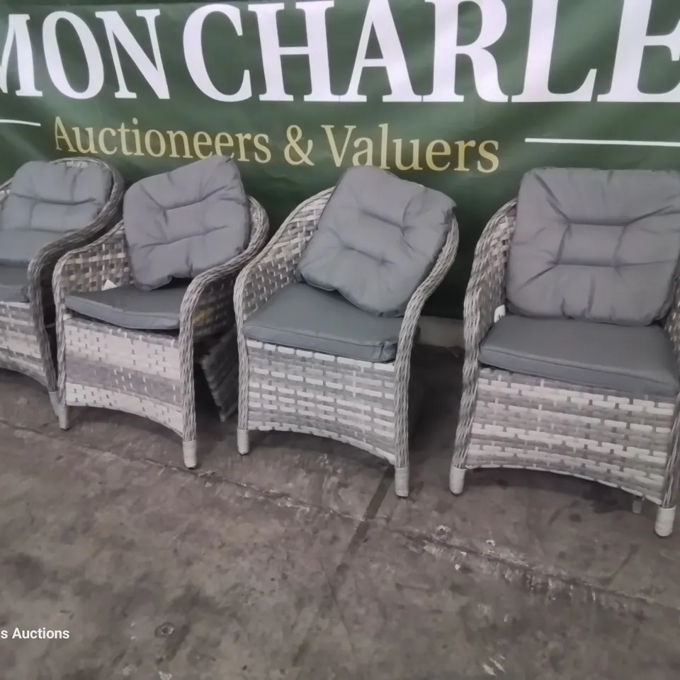 SET OF FOUR KRAMER GREY RATTAN GARDEN CHAIRS WITH CUSHIONS