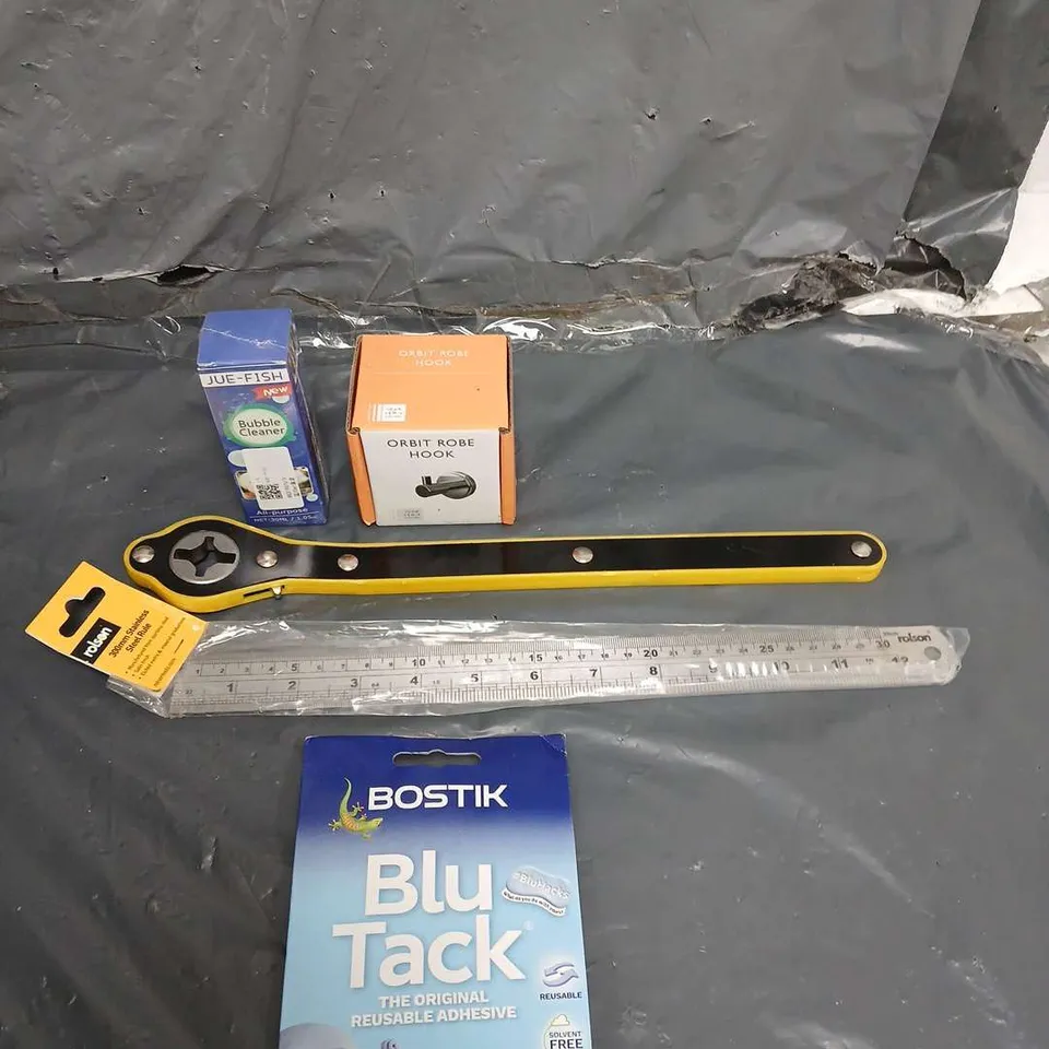 BOX OF APPROXIMATELY 20 HOUSEHOLD ITEMS TO INCLUDE - ORBIT ROBE HOOK - BLU-TACK AND ROLSON STAINLESS STEEL RULER