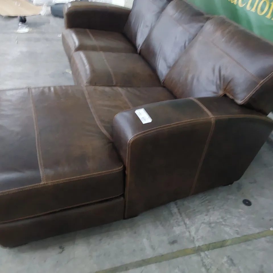 DESIGNER CHAISE SOFA DISTRESSED BROWN LEATHER WITH CONTRASTING STITCHING 
