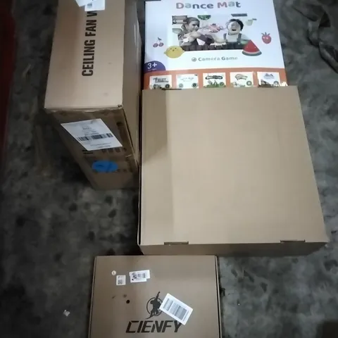 PALLET OF HOUSEHOLD ITEMS TO INCLUDE HIP PROTECTOR SKATEBOARDING, CHRISTMAS DOOR WREATH, DANCE MAT, CEILING FAN WITH LIGHT  AND OTHER ASSORTED ITEMS...