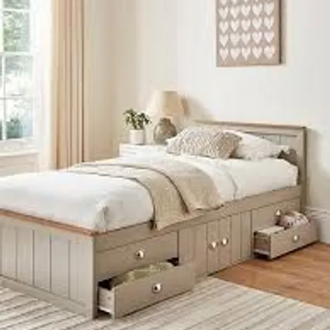 BOXED ATLANTA KIDS SINGLE BED WITH DRAWER AND CUPBOARD STORAGE - GREY/OAK (2 BOXES)