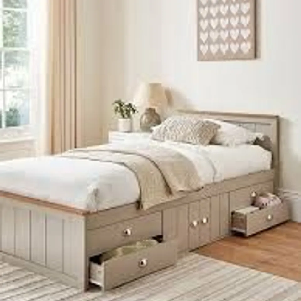 BOXED ATLANTA KIDS SINGLE BED WITH DRAWER AND CUPBOARD STORAGE - GREY/OAK (2 BOXES)