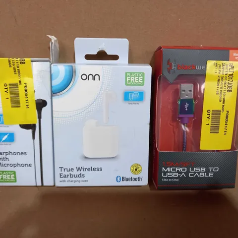 BOX OF APPROXIMATELY 10 ASSORTED ELECTRICAL ITEMS TO INCLUDE ONN EARPHONES WITH MICROPHONE, ONN TRUE WIRELESS EARBUDS, BLACKWEB MICRO USB TO USB-A CABLE, ETC