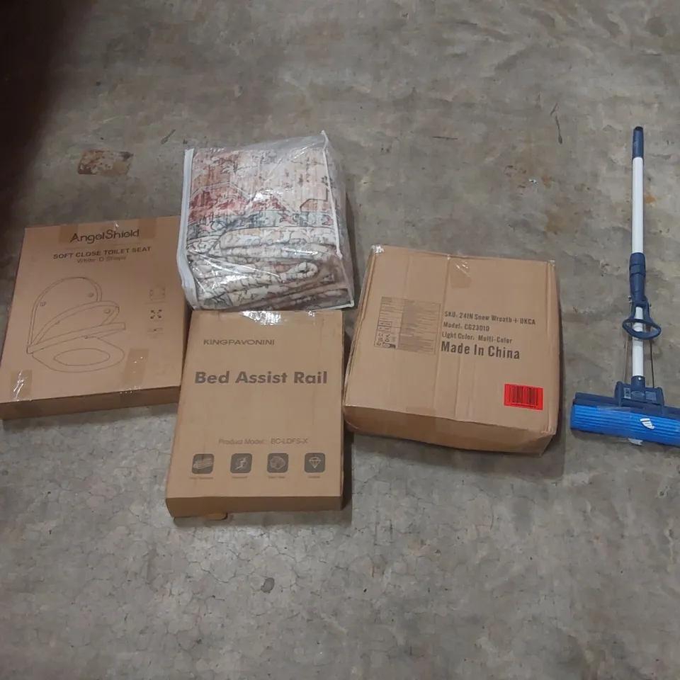 PALLET CONTAINING ASSORTED ITEMS TO INCLUDE: SPONGE MOP, TOILET SEAT, MIRROR, SNOW WREATH, BED ASSIST RAIL, RUG ECT