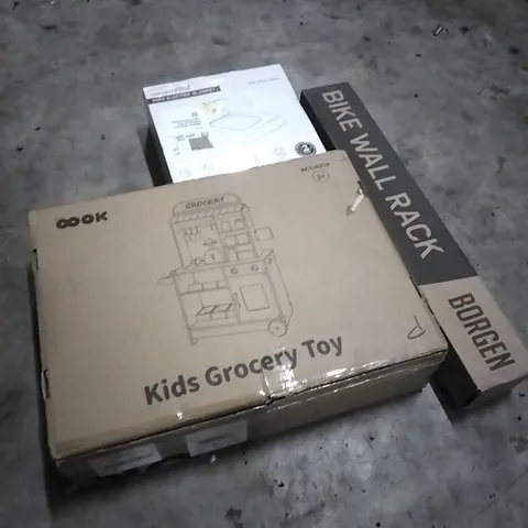 PALLET OF HOUSEHOLD ITEMS TO INCLUDE KING ELECTRIC BLANKET, BIKE WALL RACK,KIDS GROCERY TOY AND OTHER ASSORTED ITEMS...