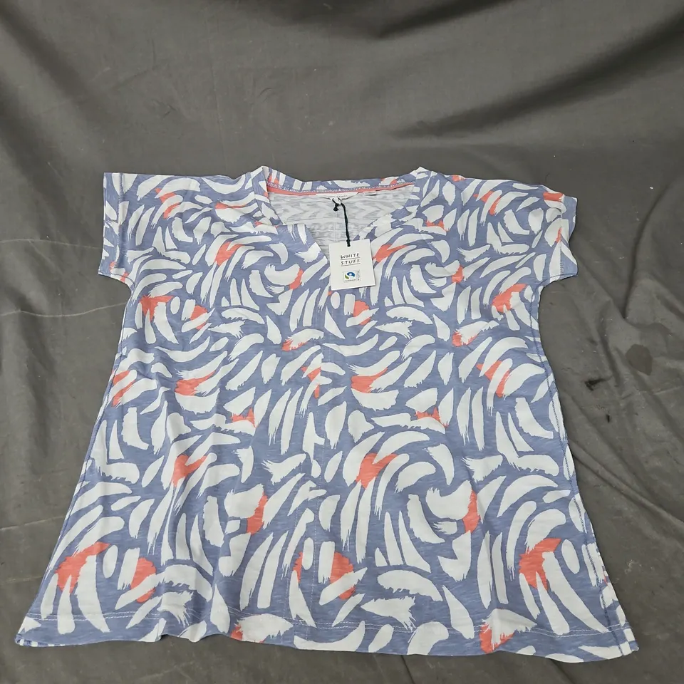 WHITE STUFF NELLY NOTCH NECK TEE IN BLUE PRINT SIZE 10