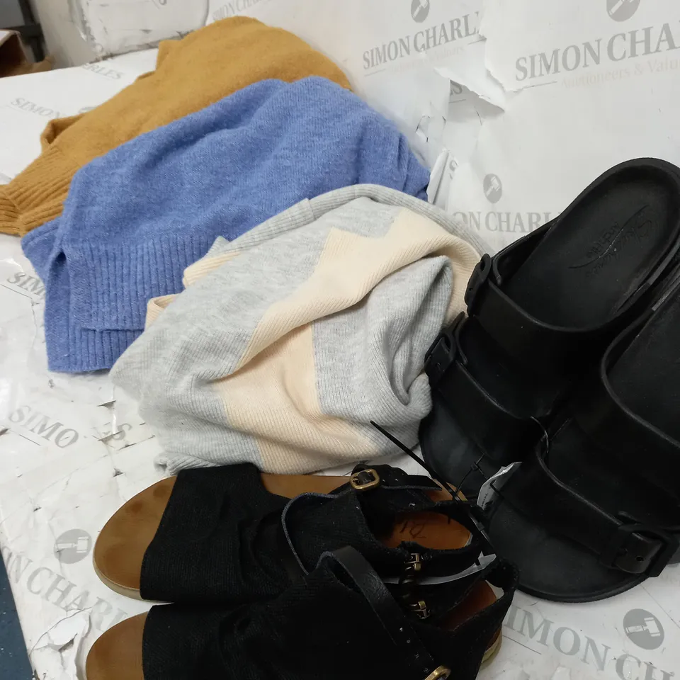 BOX OF APPROXIMATELY 15 ASSORTED CLOTHING ITEMS TO INCLUDE SHOES, JUMPERS, DRESSES ETC