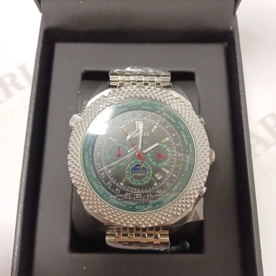 GAMAGES WORLD TIMER VENTURE STEEL TRIPLE DATE DIAL AUTOMATIC MESH BRACELET STRAP WRISTWATCH	