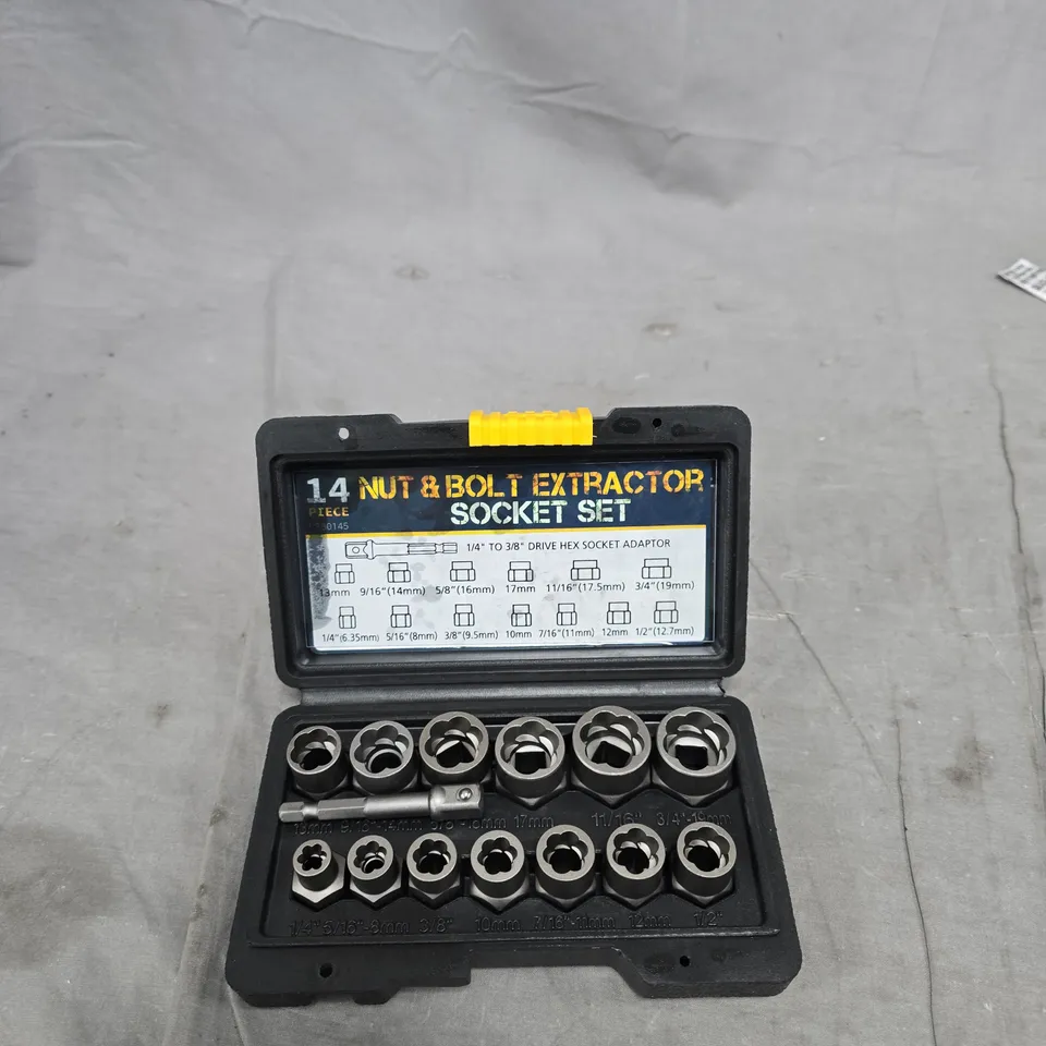 14-PIECE NUT AND BOLT EXTRACTOR SOCKET SET IN CASE (1/4IN–3/8IN DRIVE ADAPTOR)