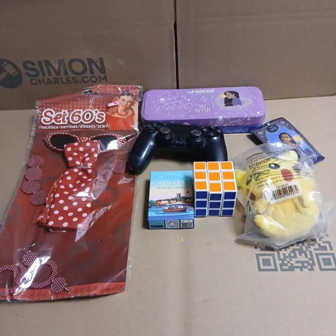 TOTE OF APPROXIMATELY 20 ASSORTED TOYS/RELATED ITEMS TO INCLUDE DISNEY WISH BEAUTY TIN, 60'S COSTUME, POKEMON SOFT TOY, PLAYSTATION CONTROLLER, HENLEY ON THAMES PLAYING CARDS ETC