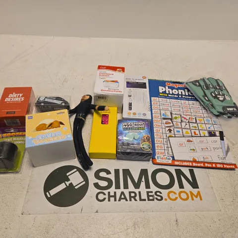 LARGE QUANTITY OF TOYS AND ACCESSORIES TO INCLUDE; GCSE REVISION CARDS, MAGNETIC PHONICS, DIRTY DESIRES GAME, LE TOOTER AND DOMINO DOMINOES