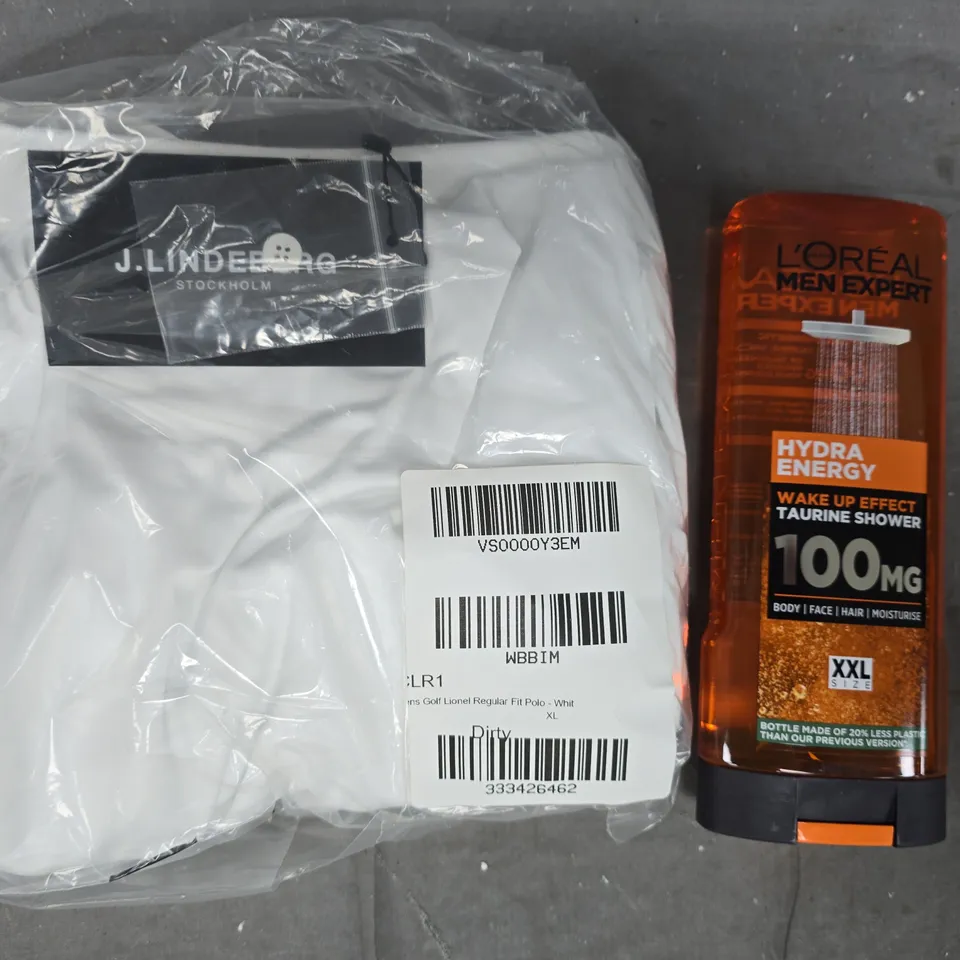 BOX OF APPROXIMATELY 10 ASSORTED HOUSEHOLD ITEMS TO INCLUDE REGULAR FIT POLO TOP IN WHITE, L'OREAL HYDRA ENERGY, ETC - COLLECTION ONLY