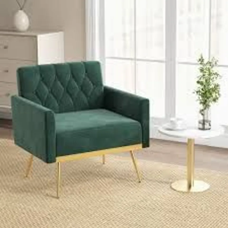 BOXED MODERN VELVET ACCENT CHAIR WITH BUTTON TUFTED BACK AND GOLDEN METAL LEGS