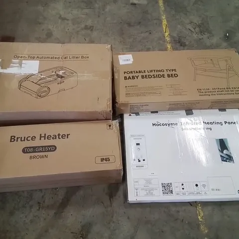 PALLET CONTAINING ASSORTED PRODUCTS INCLUDING BRUCE HEATER, OPEN-TOP AUTOMATED CAT LITTER BOX, BRUCE HEATER, BABY BEDSIDE BED & INFRARED HEATING PANEL