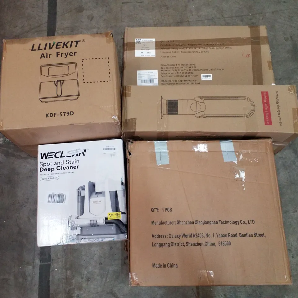 PALLET OF ASSORTED PRODUCTS INCLUDING AIR FRYER, OFFICE CHAIR, SPOT & STAIN DEEP CLEANER, BLADELESS PURIFIER & HEATER FAN, DRYING RACK