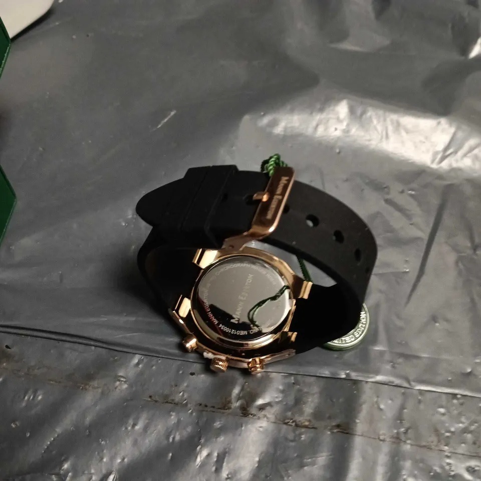 MANN EGERTON CHRONOGRAPH WATCH – BLUE DIAL, ROSE GOLD CASE, BLACK STRAP (BOXED)